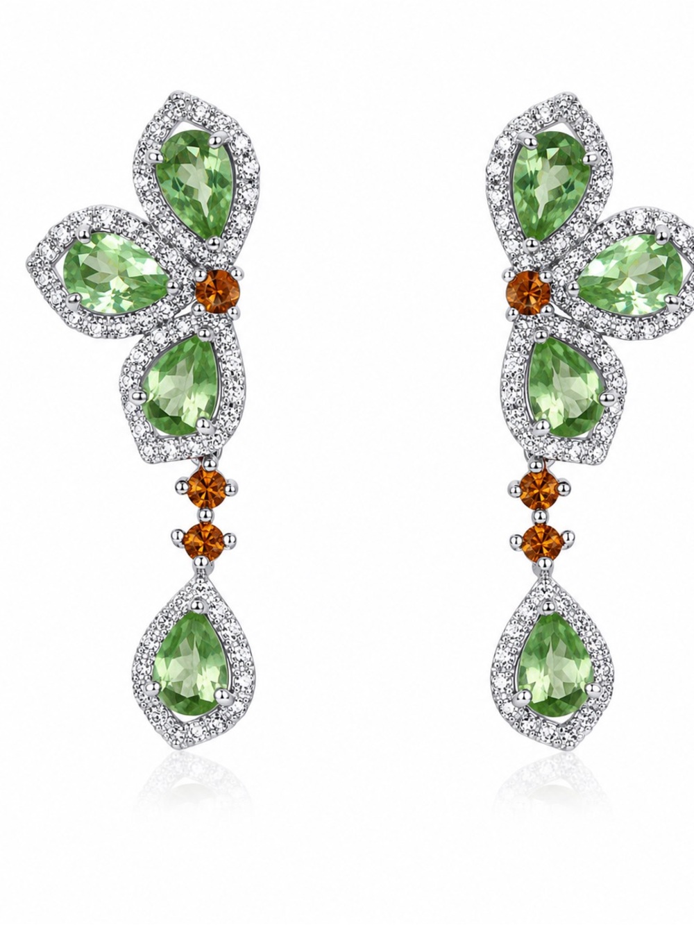 Anthropologie Silver Drop Earrings with Green and Amber Crystals